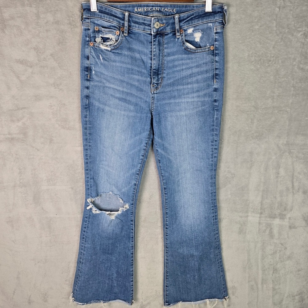 American Eagle Super Hi-Rise Flare Jeans Women 8 Regular Distressed Raw Hem Blue